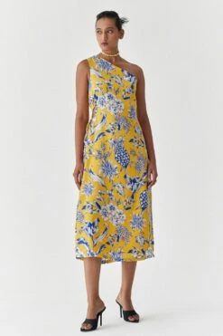 Studio RIGU Yellow Pineapple Printed One Shoulder Dress