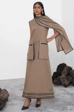 Corpora Studio Beige Scarf Collared Detail Dress