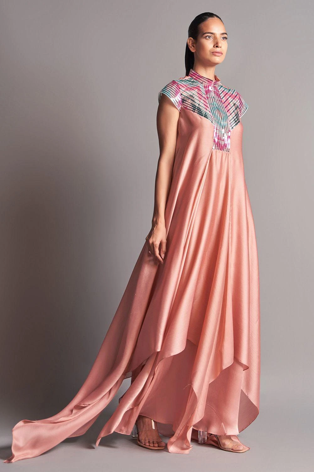 Amit Aggarwal Coral Draped Dress With A Metallic Chevron Yoke 4 Amit Aggarwal Coral Draped Dress With A Metallic Chevron Yoke - Image 2