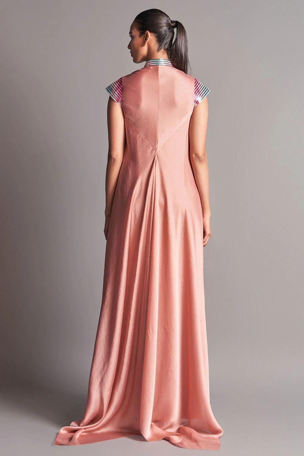 Amit Aggarwal Coral Draped Dress With A Metallic Chevron Yoke 5 Amit Aggarwal Coral Draped Dress With A Metallic Chevron Yoke - Image 3