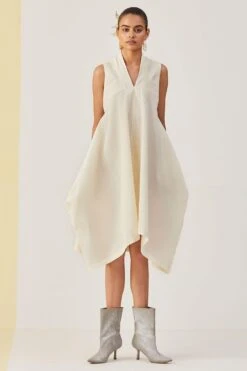 Alamelu Textured Ivory Sleeveless Dress