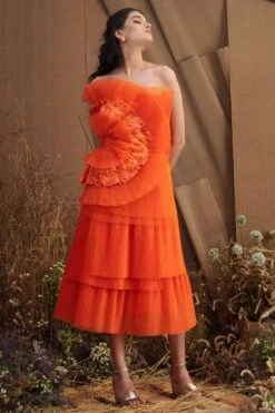 Shriya Som Orange Organza Frill Draped Dress -Echoo Clothing Shop augss9 2