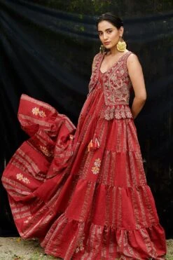 Chandrima Red Chanderi Tiered Maxi Dress
