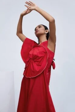 ECHO Red Cotton Dress With Frill Detail 9 ECHO Red Cotton Dress With Frill Detail -Echoo Clothing Shop ecs0109 3