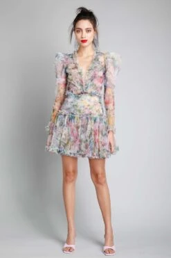 Gauri & Nainika V Neck Short Dress With Pouf Sleeves