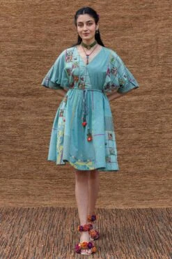 Sunira Designs Blue Embroidered Drawstring Dress