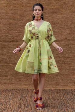 Sunira Designs Green Embroidered Drawstring Dress