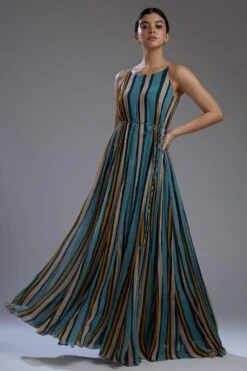 KoAi Chiffon Multicolor Stripe Long Flare Dress