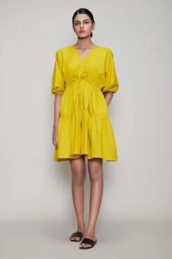 Mati Yellow Short Dress With Puff Sleeves