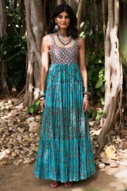 Punit Balana Turquoise Satin Silk Tiered Dress