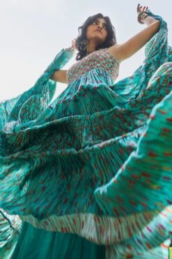 Punit Balana Turquoise Satin Silk Tiered Dress -Echoo Clothing Shop pbwf 13 3 1