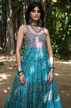 Punit Balana Turquoise Satin Silk Tiered Dress -Echoo Clothing Shop pbwf 13 4 1