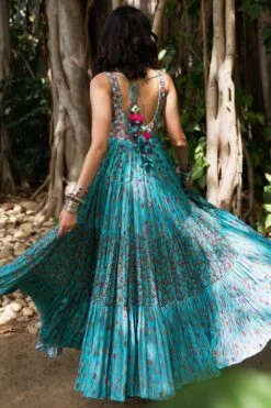 Punit Balana Turquoise Satin Silk Tiered Dress -Echoo Clothing Shop pbwf 13 5 1