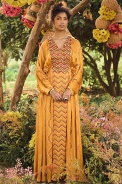 Punit Balana Mustard Bandhani Printed Kaftan Dress