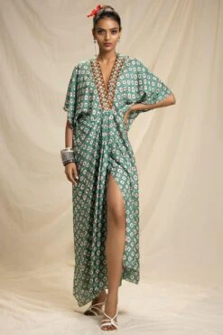 Rajdeep Ranawat Printed Kaftan Dress With Mirrorwork Neckline