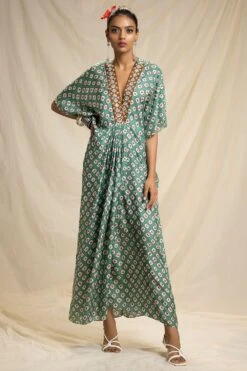 Rajdeep Ranawat Printed Kaftan Dress With Mirrorwork Neckline -Echoo Clothing Shop rr 812 3