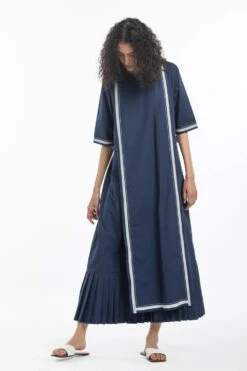 Three Navy Panel Dress With Pleat Detailing