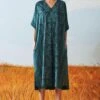 Ikai Pleated Teal V Neck Kaftan Dress -Echoo Clothing Shop sh kfd 2101b 1