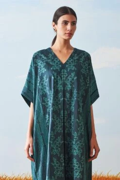 Ikai Pleated Teal V Neck Kaftan Dress -Echoo Clothing Shop sh kfd 2101b 3