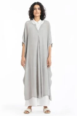 Three V Neck Kaftan With Placket White Dress