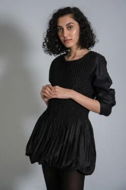 SWGT Black Smocked Dress With Glass Bead Detail