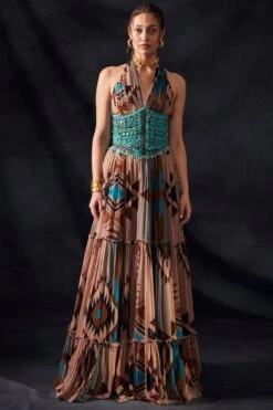 Nikita Mhaisalkar Turquoise Tapis Print Maxi Dress With Corset