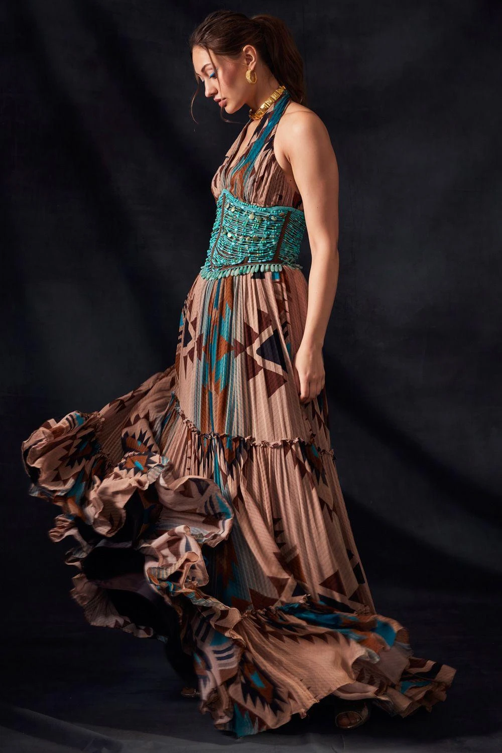 Nikita Mhaisalkar Turquoise Tapis Print Maxi Dress With Corset 4 Nikita Mhaisalkar Turquoise Tapis Print Maxi Dress With Corset - Image 2