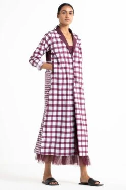 Three Checkered Jacket & Wine Maxi Dress Set