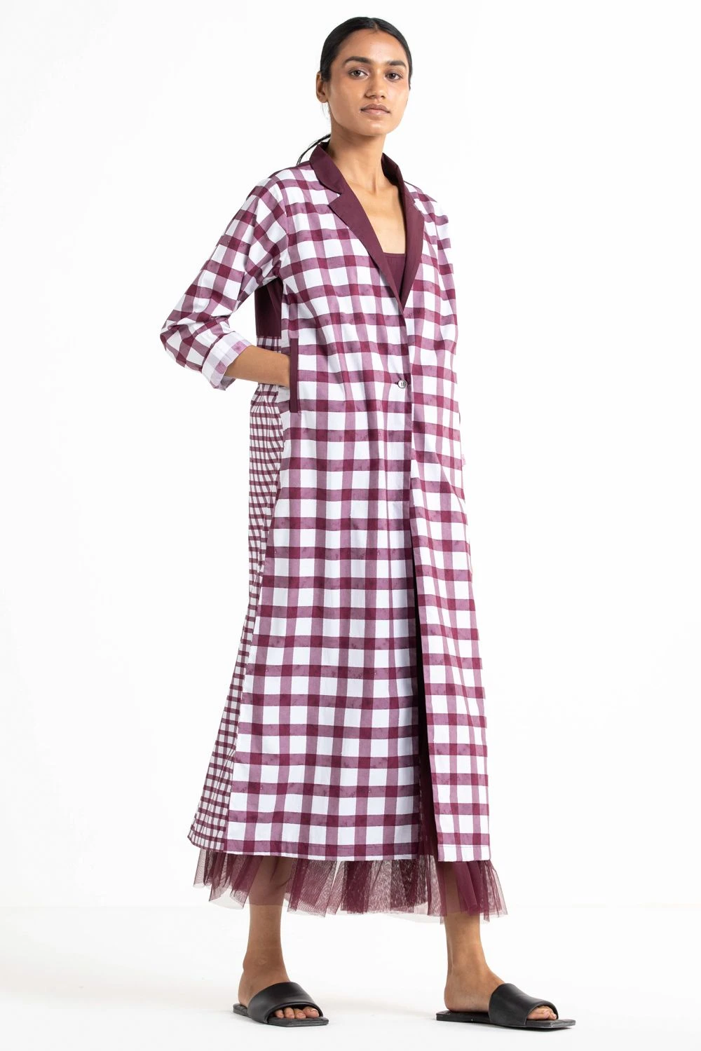 Three Checkered Jacket & Wine Maxi Dress Set 3 Three Checkered Jacket & Wine Maxi Dress Set
