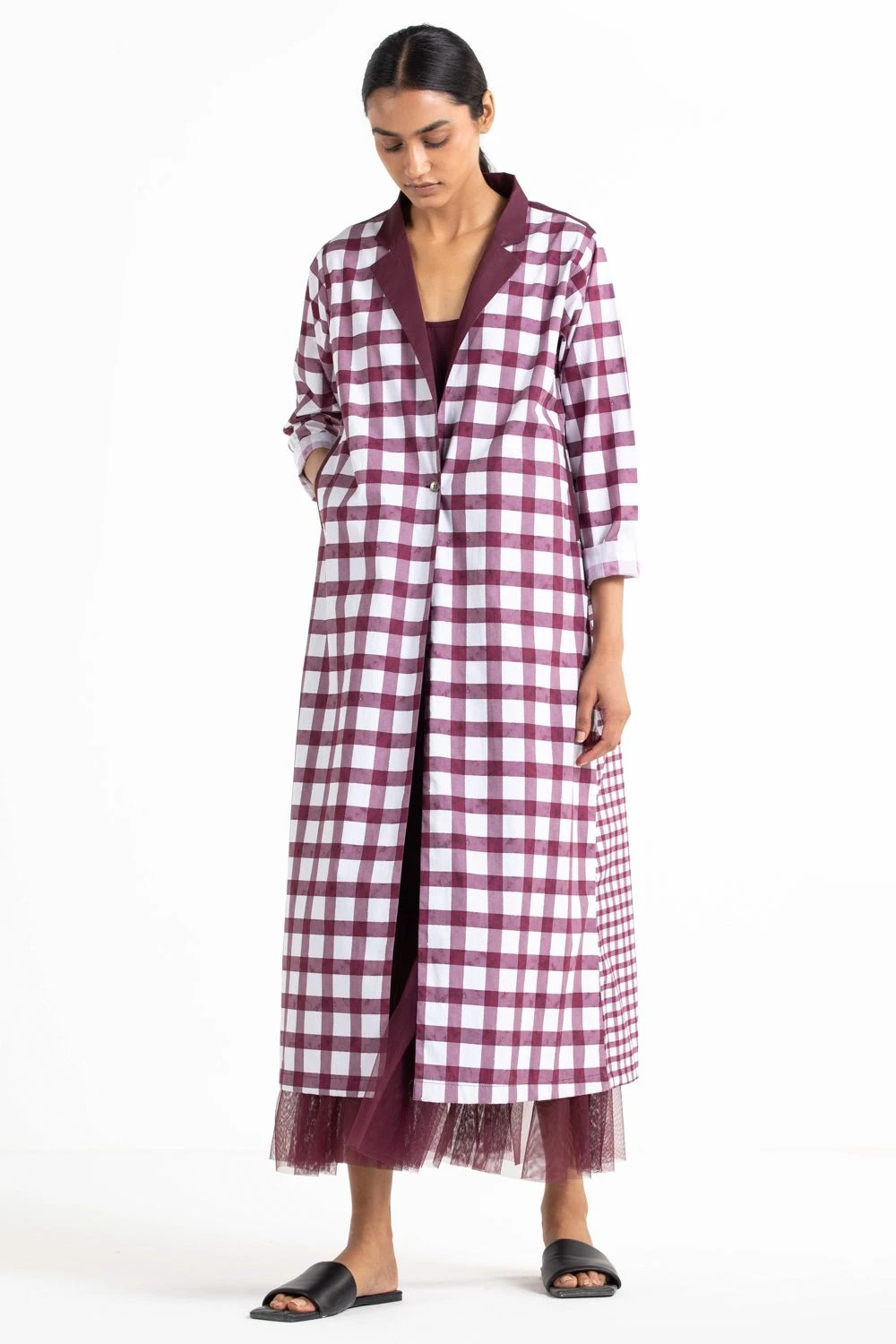 Three Checkered Jacket & Wine Maxi Dress Set 4 Three Checkered Jacket & Wine Maxi Dress Set - Image 2