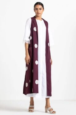 Three White Maxi Dress & Wine Polka Dotted Jacket Set