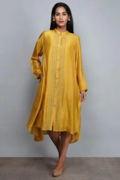 YAVI Yellow Silk Embroidered Dress