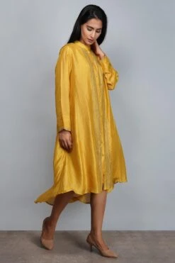 YAVI Yellow Silk Embroidered Dress -Echoo Clothing Shop yc4t 19l 2